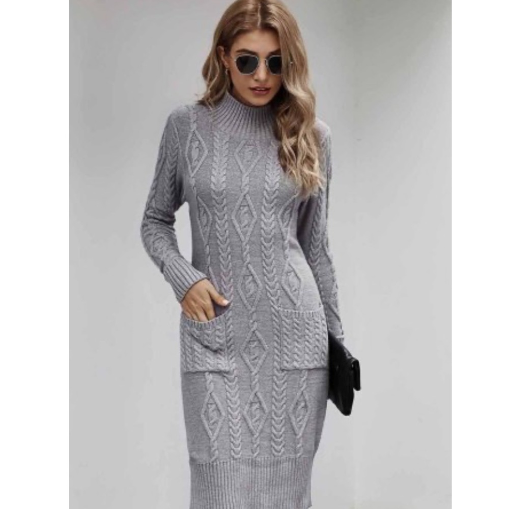 Gray High Neck Textured Bodycon Sweater Dress - Picture 7 of 13